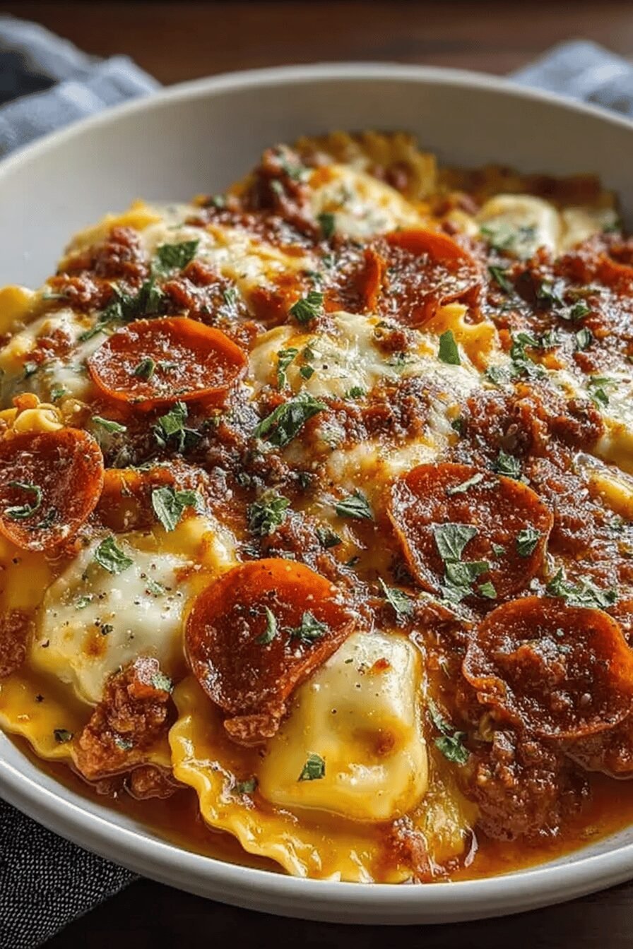 Baked Pepperoni Pizza Ravioli Recipe With Crispy Cheese Crust 6 Cheesy Pizza Ravioli Bake