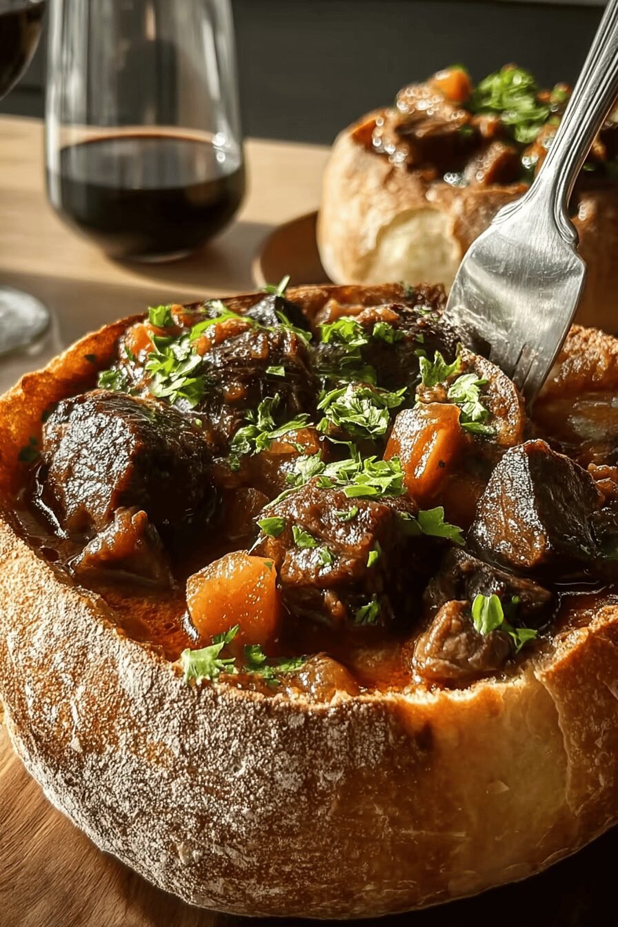 Red Wine-Braised Beef With French Onion Soup Served In Bread Bowl 6 Red Wine Beef Bread Bowls