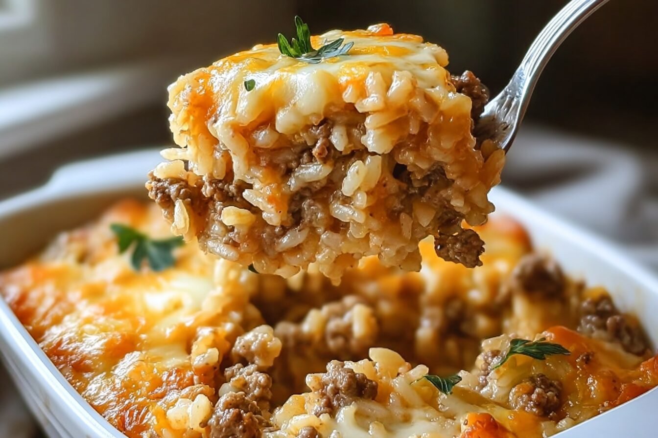 Cheesy Ground Beef And Rice Casserole