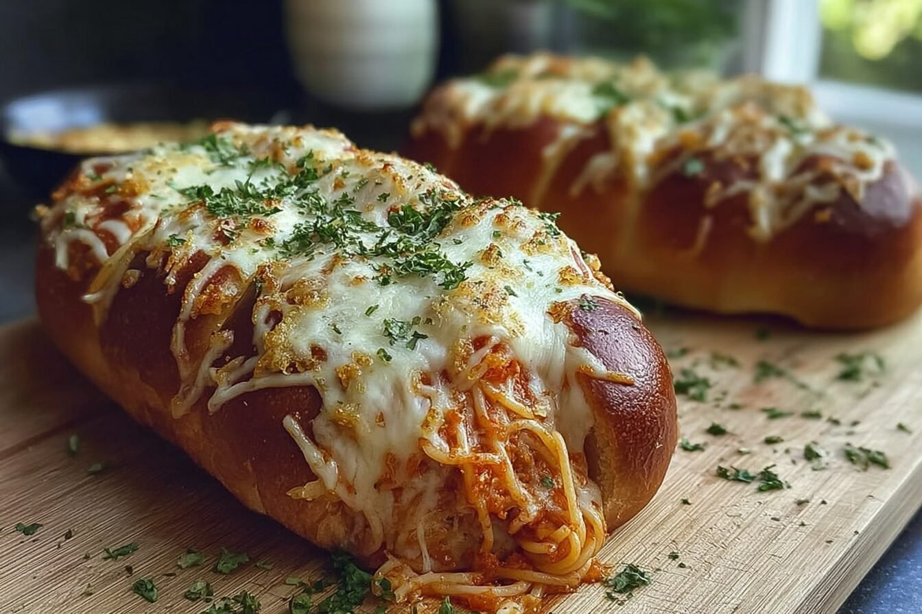 Spaghetti Stuffed Garlic Bread Recipe With Cheesy Tomato Sauce 6 Spaghetti Stuffed Garlic Bread