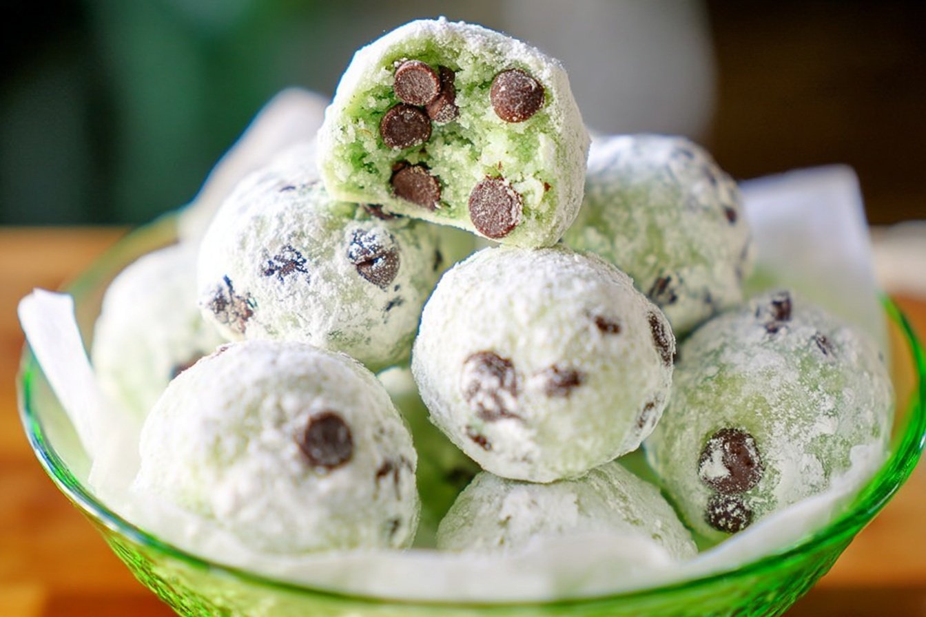 Mint Chocolate Chip Snowball Cookies