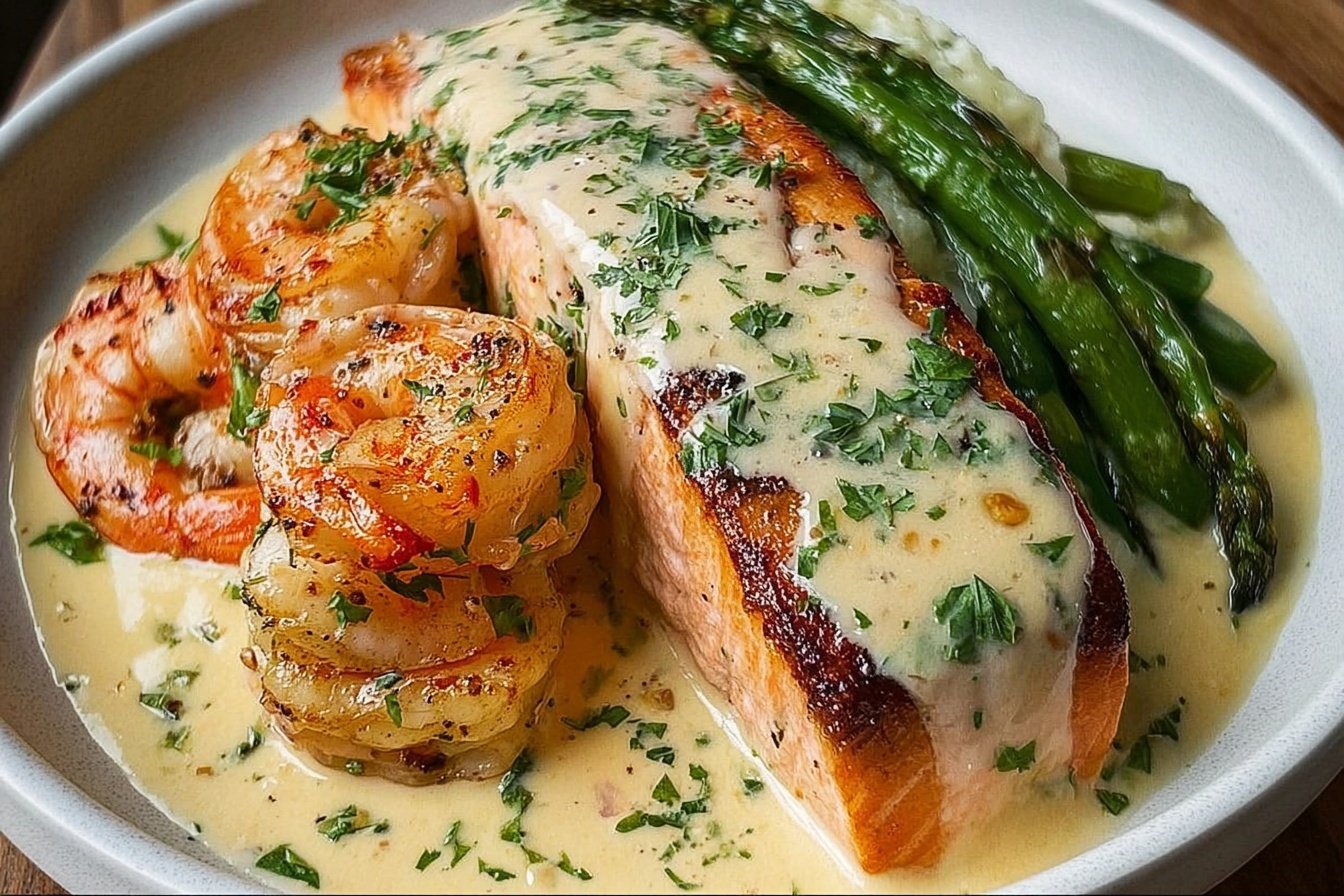 Cajun Shrimp And Salmon With Garlic Cream Sauce