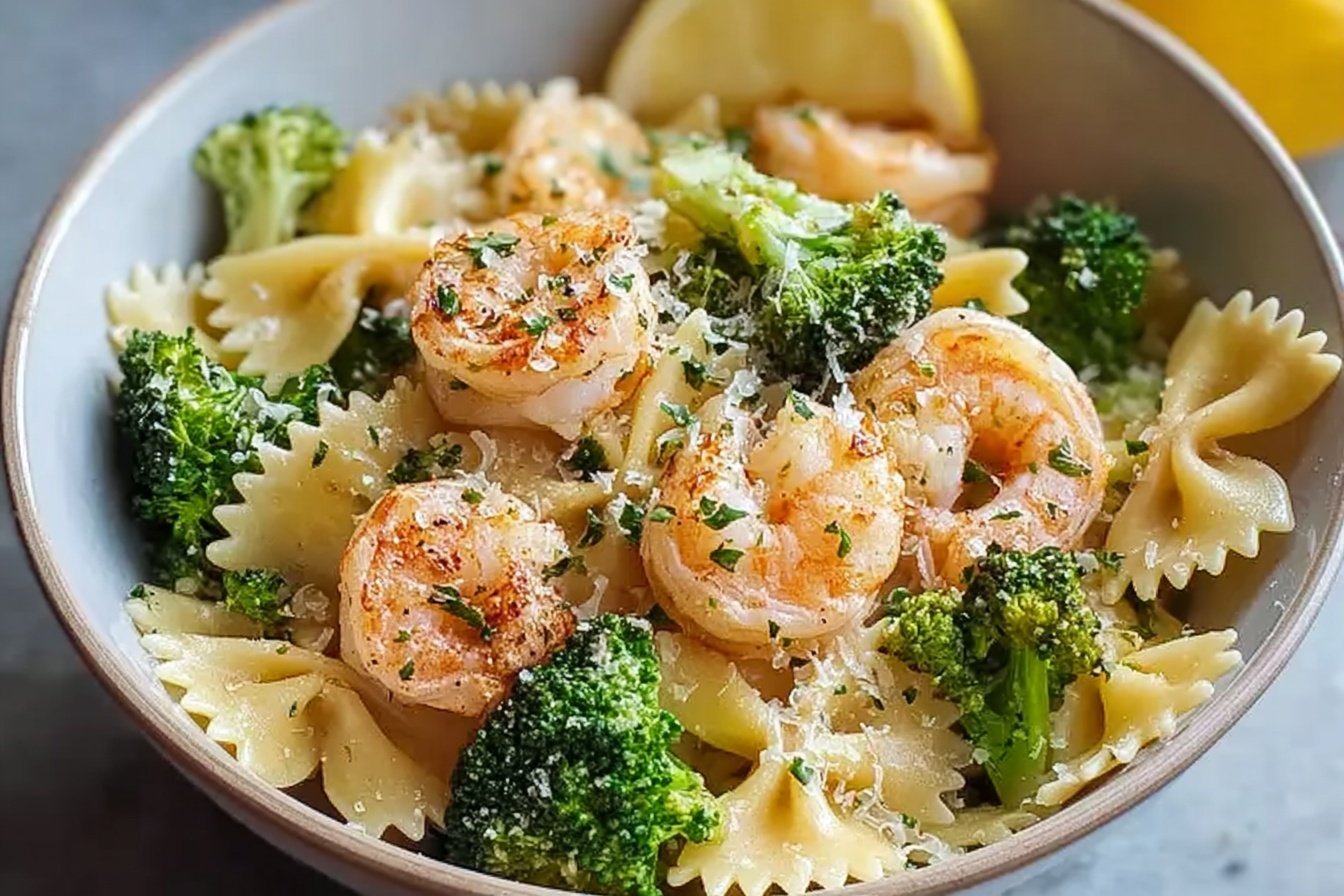 Farfalle Pasta With Shrimp Roasted Broccoli Lemon And Parmesan