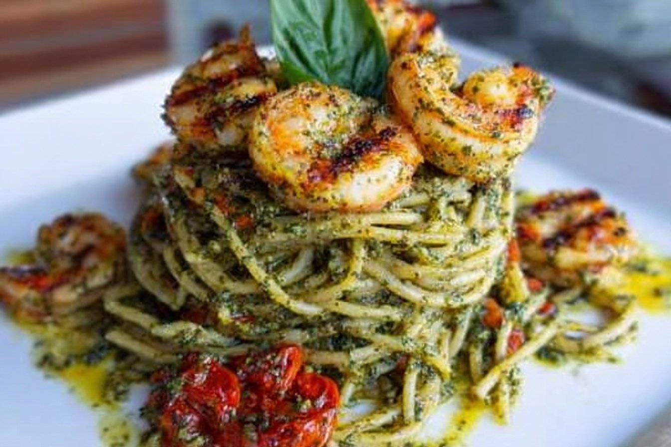 Pesto Pasta And Grilled Shrimp Stack